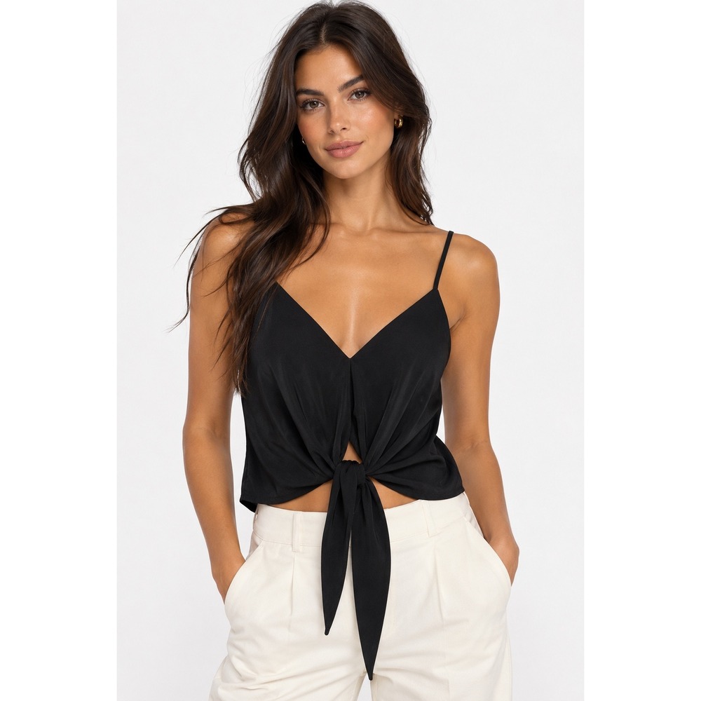Zara Black Tie Front Camisole Top V-Neck Spaghetti Strap S NWT